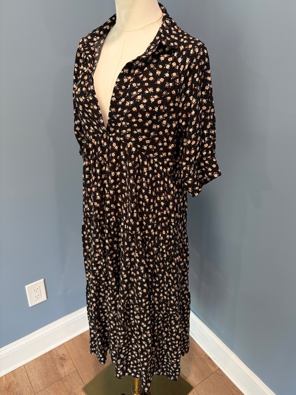 Natural Life Black Floral Button Front Midi Dress Small Cottagecore Boho